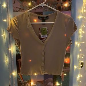 Beige V- Neck Button Up